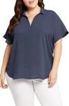 Nydj Becky Leaf Print Split Neck Woven Top In Oxford Navy