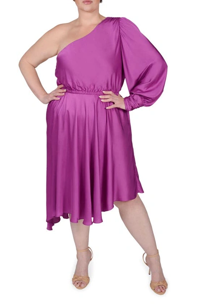 Mayes Nyc Plus Size Olivia One-shoulder Midi Dress In Purple