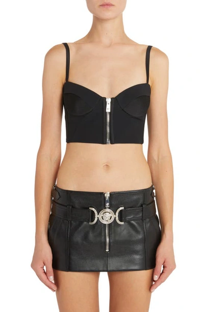 Versace Enver Front Zip Satin Bra Top In Black