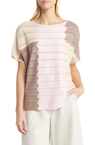 Misook Colorblock Pointelle Stitch Tunic Sweater In Rose/biscotti/macchiato