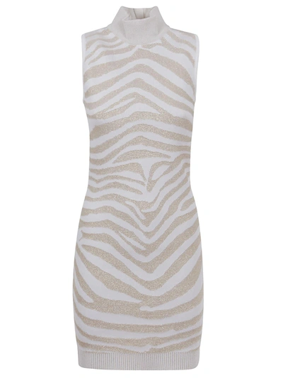 Balmain Sleeveless Golden Zebra Knit Short Dress In Gad Blanc Or