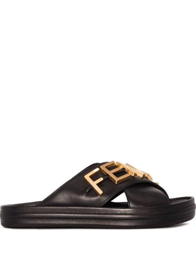 Fendi Logo-embellished Leather Slides In Black