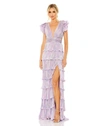 Mac Duggal Ruffle Tiered Criss Cross Lace Up Gown In Purple Multi