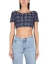 Etro Denim Printed Crop Top W/ Embroidered Patch In Blue