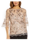 ADRIANNA PAPELL WOMENS MESH EMBROIDERED BLOUSE