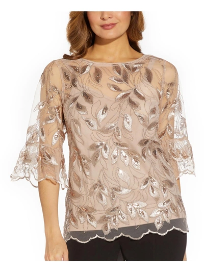 ADRIANNA PAPELL WOMENS MESH EMBROIDERED BLOUSE