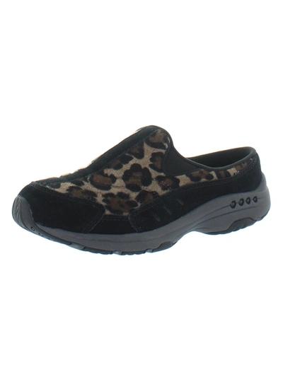 Easy Spirit Travel Time Womens Suede Leopard Print Slip-on Sneakers In Black