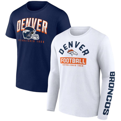 Fanatics Branded Navy/white Denver Broncos Long And Short Sleeve Two-pack T-shirt In Navy,white