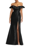 ALFRED SUNG OFF THE SHOULDER RUFFLE SATIN TRUMPET GOWN