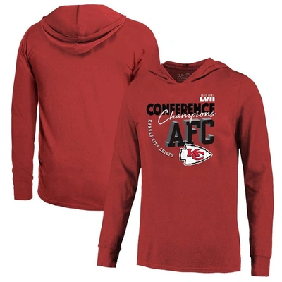MAJESTIC MAJESTIC THREADS RED KANSAS CITY CHIEFS 2022 AFC CHAMPIONS HIGH TIDE LONG SLEEVE HOODIE T-SHIRT