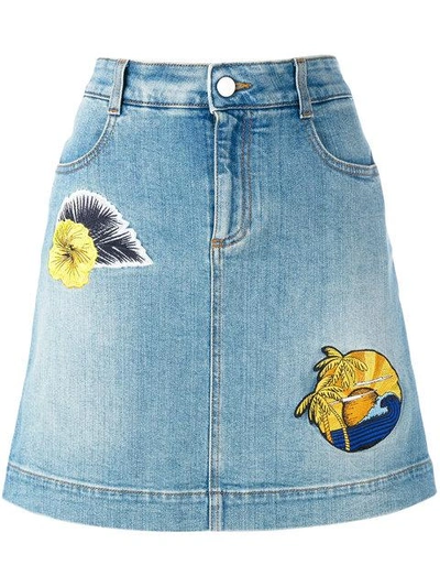 Stella Mccartney Surf Patch Embroidered Denim Skirt In Classic Blue