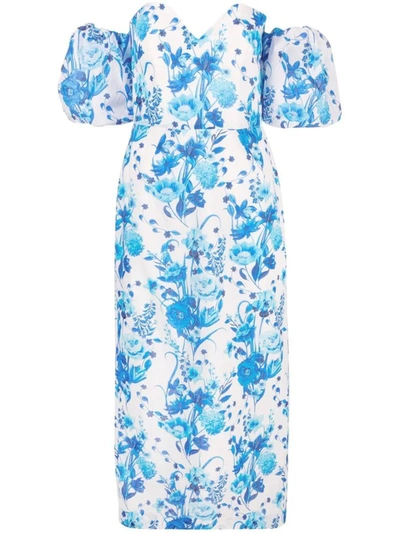 Borgo De Nor Tati Off-the-shoulder Floral-print Linen Dress In Blue