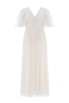 Needle & Thread Celestia Ribbon Bodice Ankle Gown In Champagne