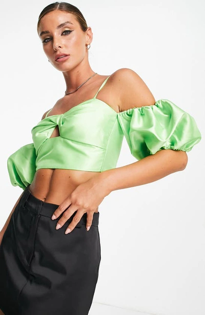Asos Design Cold Shoulder Top With Puff Ball Sleeve In Green