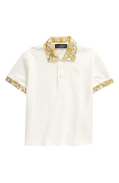 Versace Kids' Barocco Trim Cotton Polo In Bianco Oro