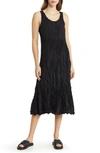 Eileen Fisher Tiered Pleated Silk Midi Dress In Black