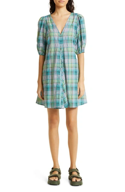 Ganni Short Sleeve Seersucker Check V-neck Mini Dress In Multicolour