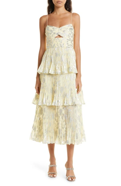 Self-portrait Metallic Jacquard Tiered Midi Dress In Yellow