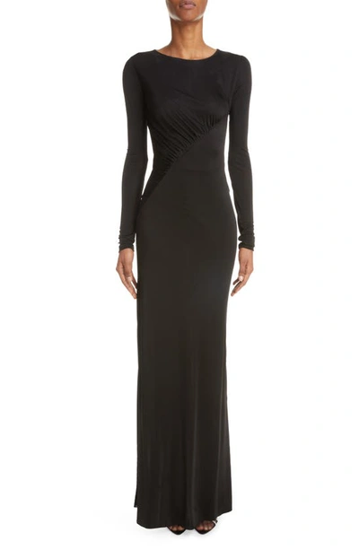 Saint Laurent Ruched Long Sleeve Maxi Dress In Noir