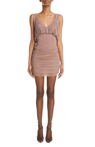 Saint Laurent Ruched Mini Dress In Brown