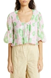 Ganni Short Sleeve Pleated Georgette U-neck Blouse In Pink Tulle