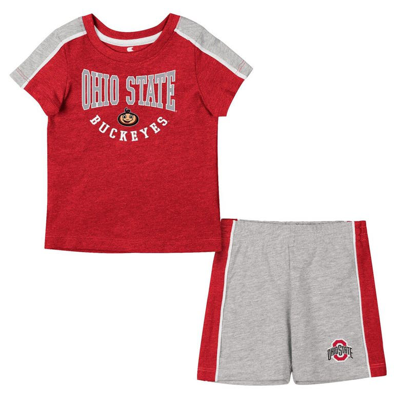 Colosseum Babies' Infant Boys And Girls  Scarlet, Heather Grey Ohio State Buckeyes Norman T-shirt And Shorts In Scarlet,heather Grey