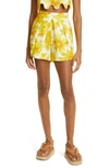 Alemais Sonny Linen Floral Print Pleated Shorts In Lemon In Orange
