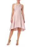 ADRIANNA PAPELL IMITATION PEARL HALTER NECK HIGH-LOW MIKADO DRESS