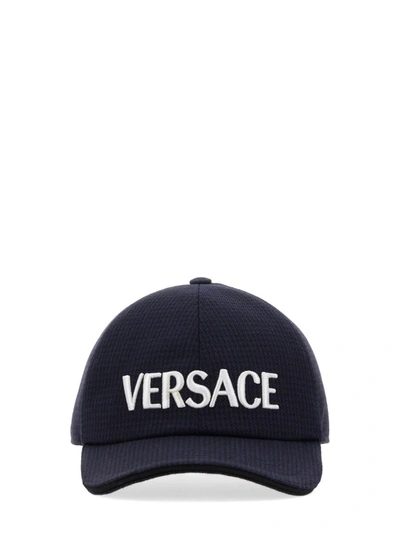 Versace Logo Embroidered Baseball Cap In Blue