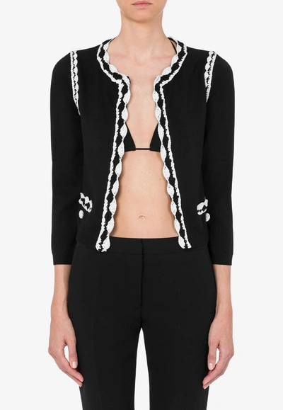 Moschino Crochet-trim Wool Cardigan In Black