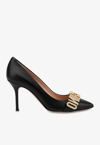 Moschino 85 Crystal Embellished Logo Pumps In Calf Leather In Black