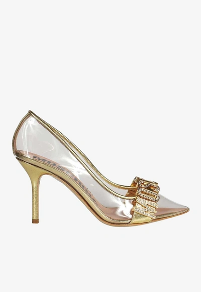 Moschino 85 Crystal Logo Pvc Pumps In Silver