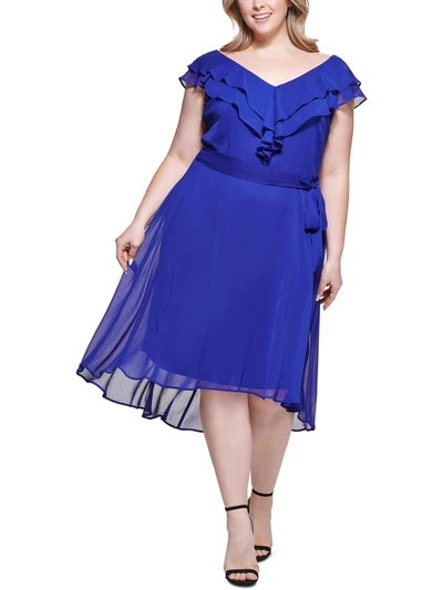 Dkny Plus Womens Chiffon Ruffled Midi Dress In Blue