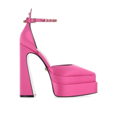 Versace 160mm Embellished Satin Platform Pumps In Pink