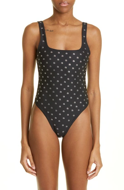 Alexander Wang Embellished Allover Logo One-piece Swimsuit In Black