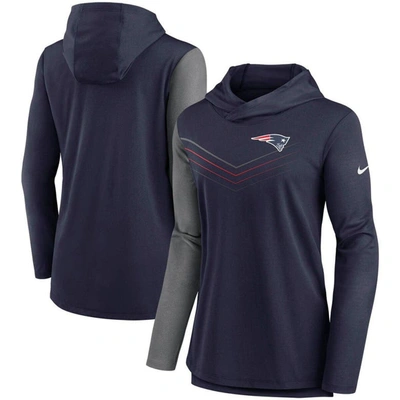 Nike Women's Navy, Heather Charcoal New England Patriots Chevron Hoodie Performance Long Sleeve T-shirt