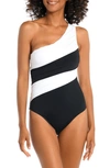 LA BLANCA ISLAND GODDESS RUCHED COLORBLOCK ONE-SHOULDER ONE-PIECE SWIMSUIT
