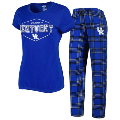 Concepts Sport Women's  Royal, Black Kentucky Wildcats Badge T-shirt And Flannel Trousers Sleep Set In Royal,black