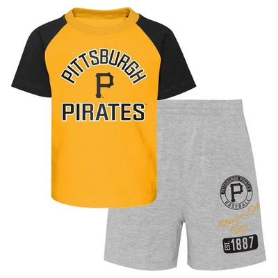 OUTERSTUFF INFANT GOLD/HEATHER GRAY PITTSBURGH PIRATES GROUND OUT BALLER RAGLAN T-SHIRT AND SHORTS SET