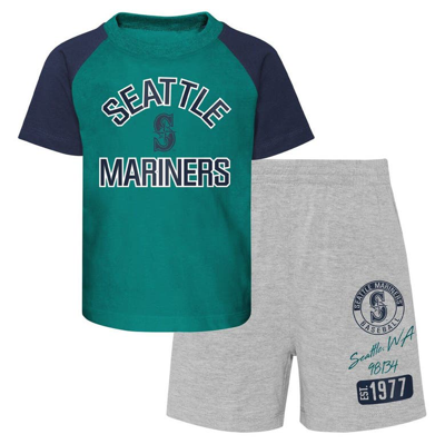 OUTERSTUFF INFANT AQUA/HEATHER GRAY SEATTLE MARINERS GROUND OUT BALLER RAGLAN T-SHIRT AND SHORTS SET