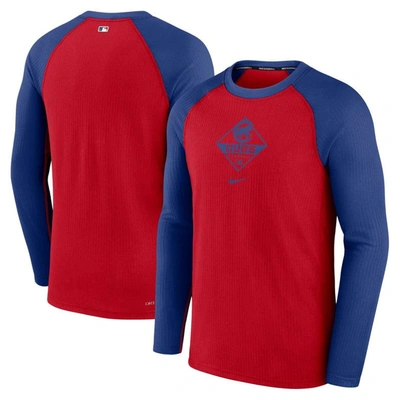 NIKE NIKE RED/ROYAL CHICAGO CUBS GAME AUTHENTIC COLLECTION PERFORMANCE RAGLAN LONG SLEEVE T-SHIRT