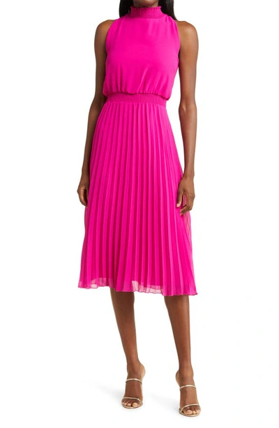 Sam Edelman Smocked Pleat Sleeveless Midi Dress In Magenta