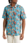 Good Man Brand Big On-point Short Sleeve Stretch Organic Cotton Button-up Shirt In Burnt Brick Decadent Bloom