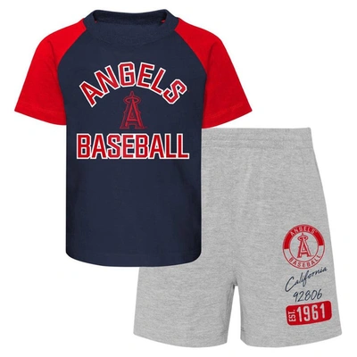 OUTERSTUFF INFANT NAVY/HEATHER GRAY LOS ANGELES ANGELS GROUND OUT BALLER RAGLAN T-SHIRT AND SHORTS SET