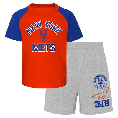OUTERSTUFF INFANT ORANGE/HEATHER GRAY NEW YORK METS GROUND OUT BALLER RAGLAN T-SHIRT AND SHORTS SET