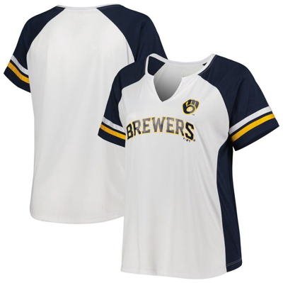 Profile Women's White, Navy Milwaukee Brewers Plus Size Notch Neck T-shirt In White,navy