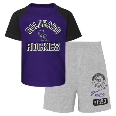 OUTERSTUFF INFANT PURPLE/HEATHER GRAY COLORADO ROCKIES GROUND OUT BALLER RAGLAN T-SHIRT AND SHORTS SET
