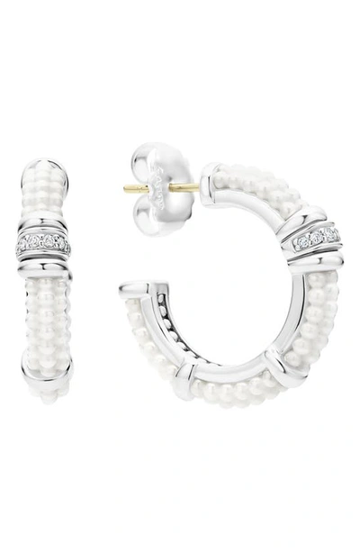 Lagos Sterling Silver White Caviar White Ceramic Diamond 1-row Hoop Earrings, 23mm In Silver/ Diamond