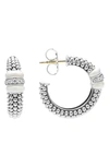 Lagos Ceramic & Sterling Silver White Caviar Diamond Hoop Earrings In Silver/ Diamond