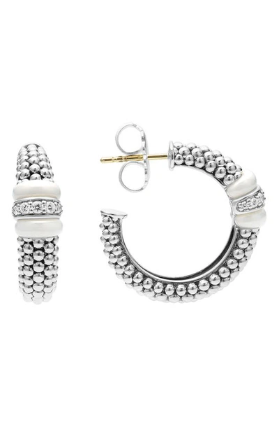 Lagos Ceramic & Sterling Silver White Caviar Diamond Hoop Earrings In White/silver